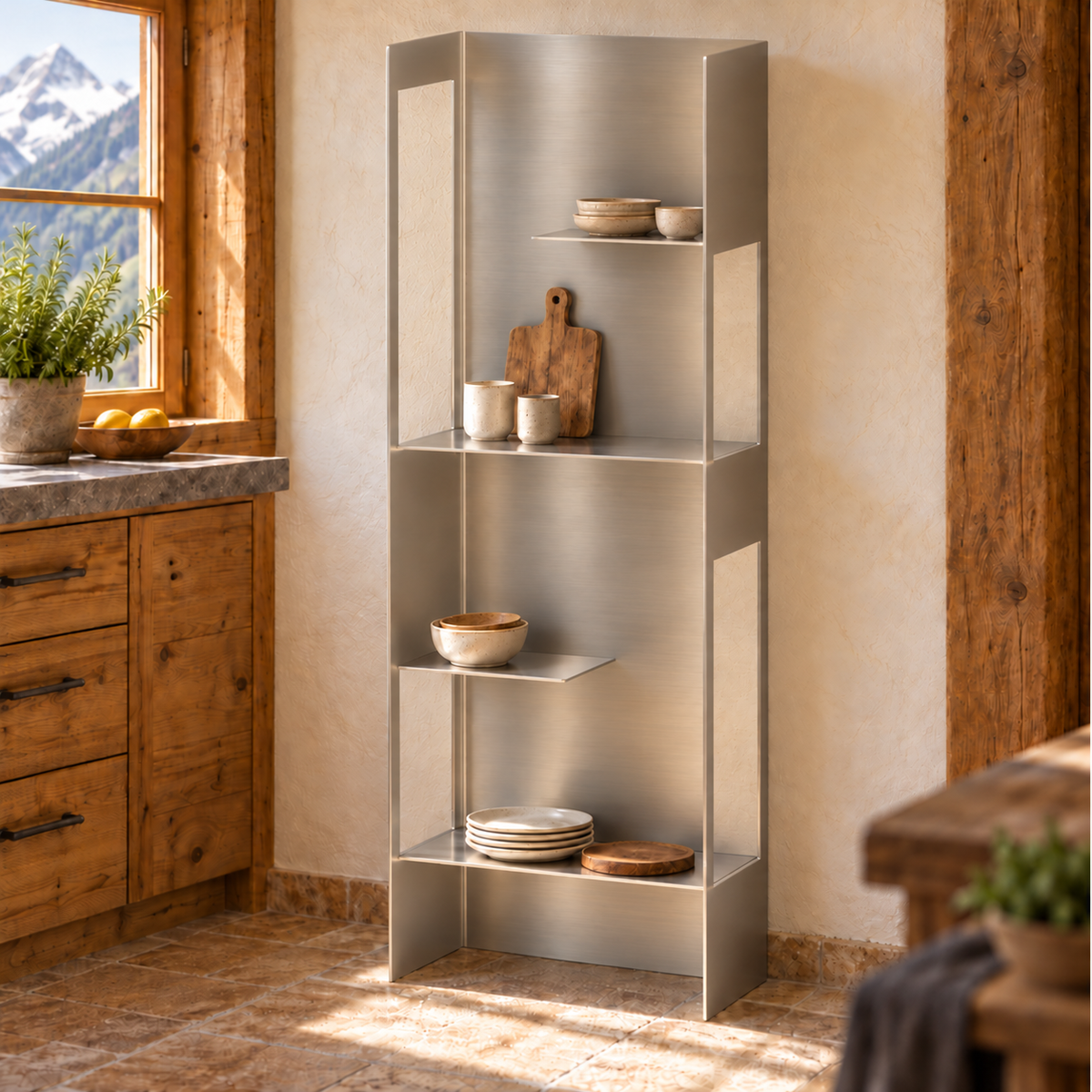 ARÊTES ET04 brushed stainless-steel standing shelf in swiss alp kitchen