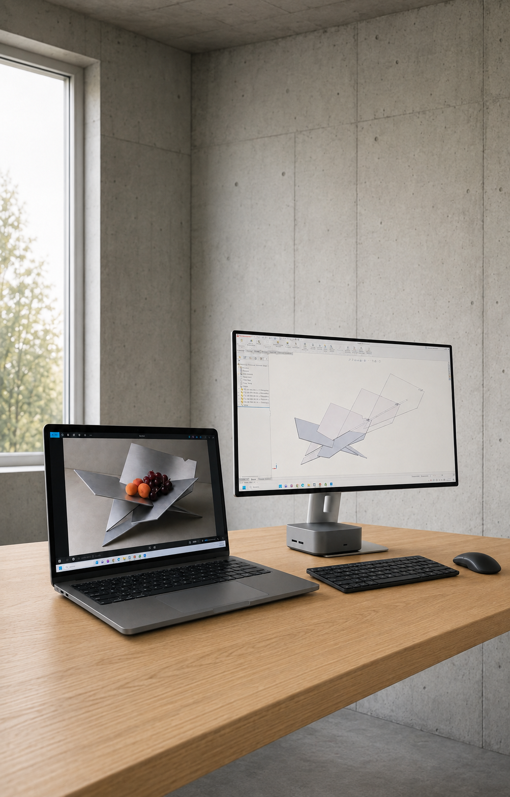 ARÊTES design workspace with a product render and CAD development displayed on two monitors