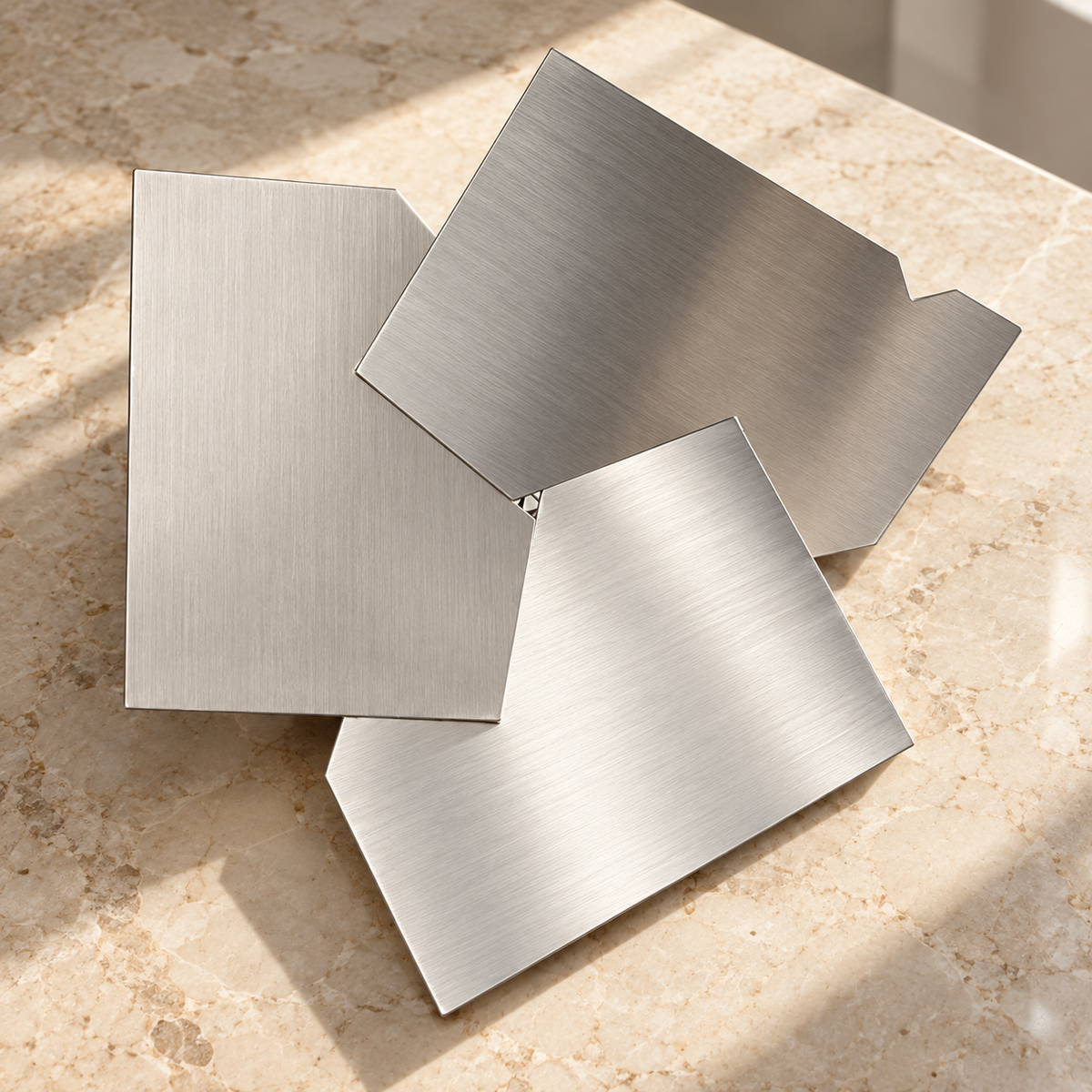 ARÊTES AC01 sculptural brushed stainless-steel bowl on a marble table