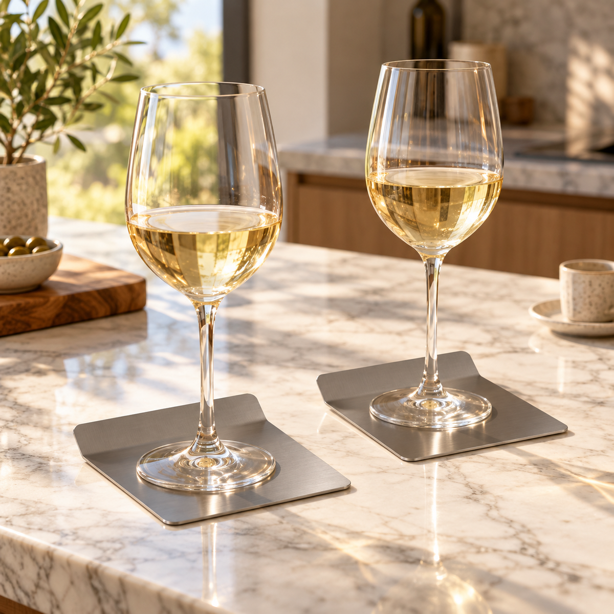 ARÊTES AC02 brushed stainless-steel coasters on a marble table