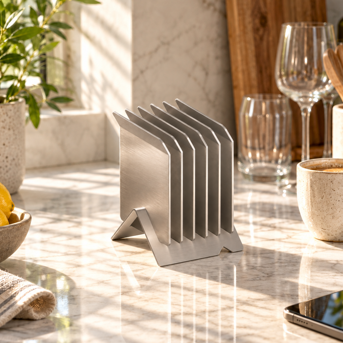 ARÊTES AC02 brushed stainless-steel coasters set with its support on a marble kitchen table