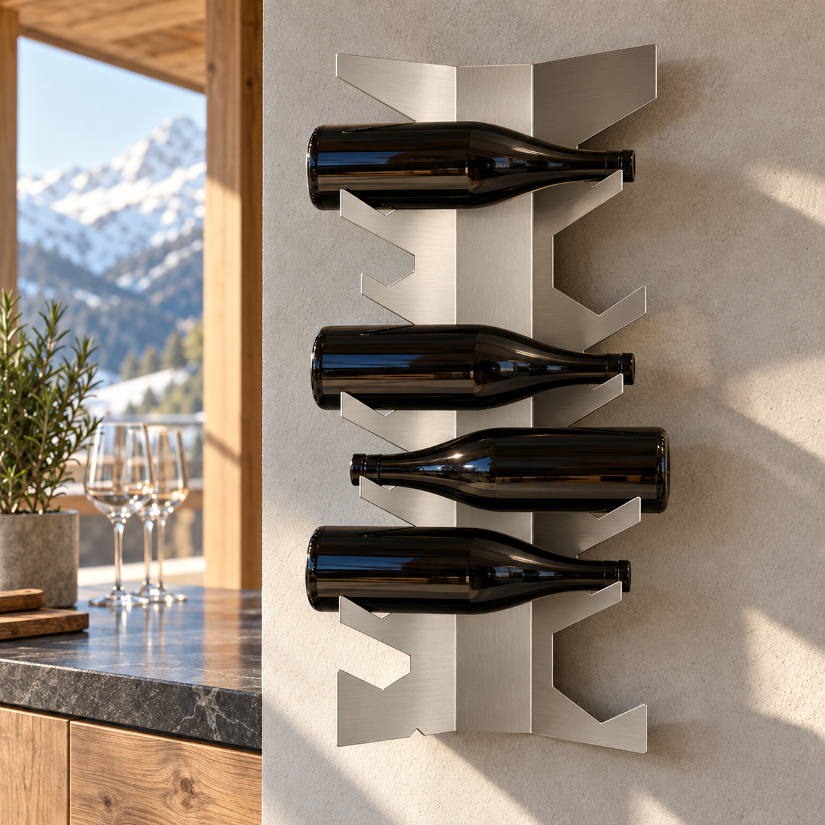 ARÊTES AC03 brushed stainless-steel wine wall rack in a swiss alp kitchen