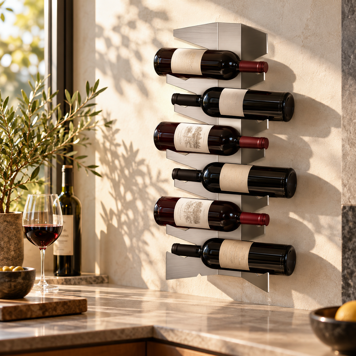 ARÊTES AC03 brushed stainless-steel wine wall rack in a marble kitchen