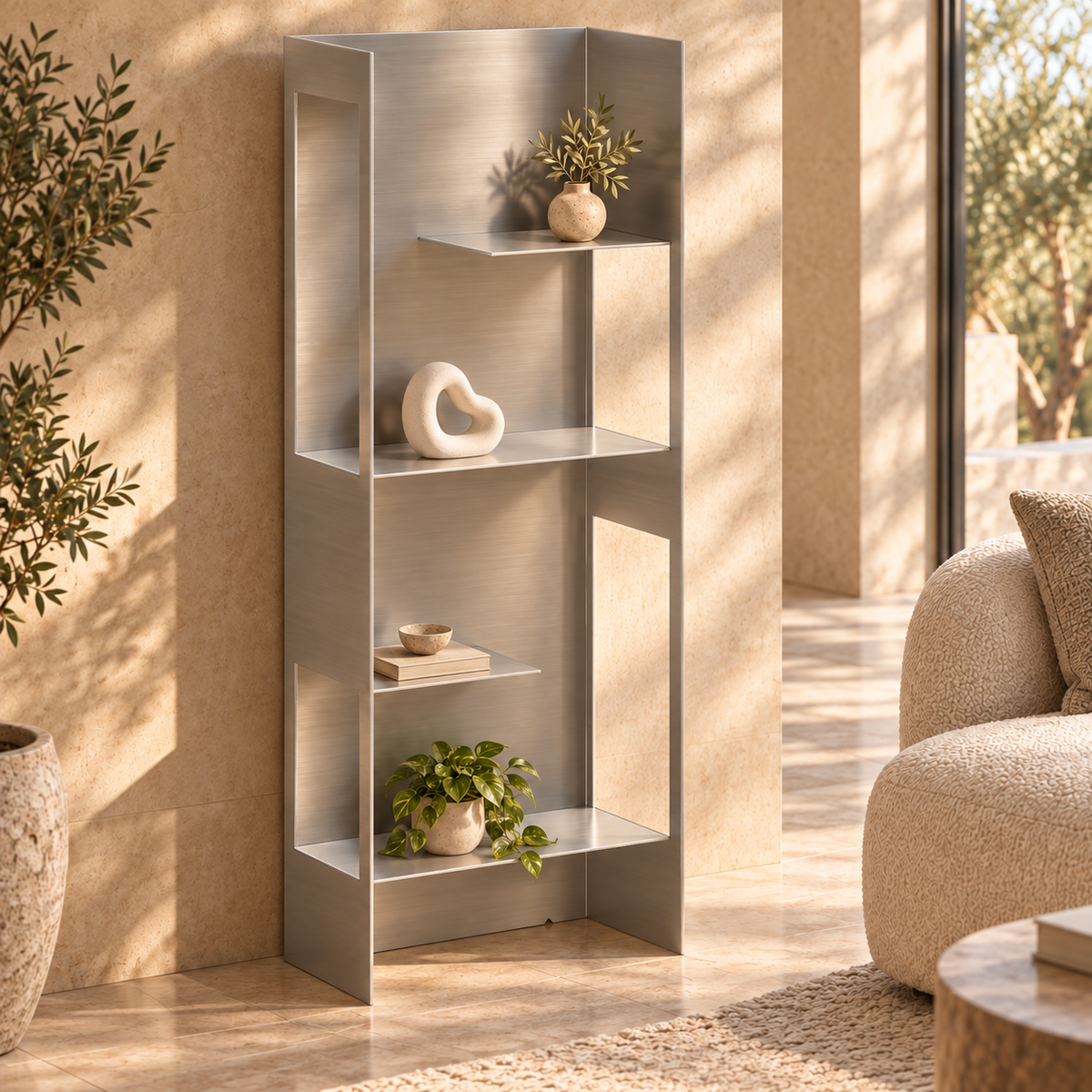 ARÊTES ET04 brushed stainless-steel standing shelf in living room