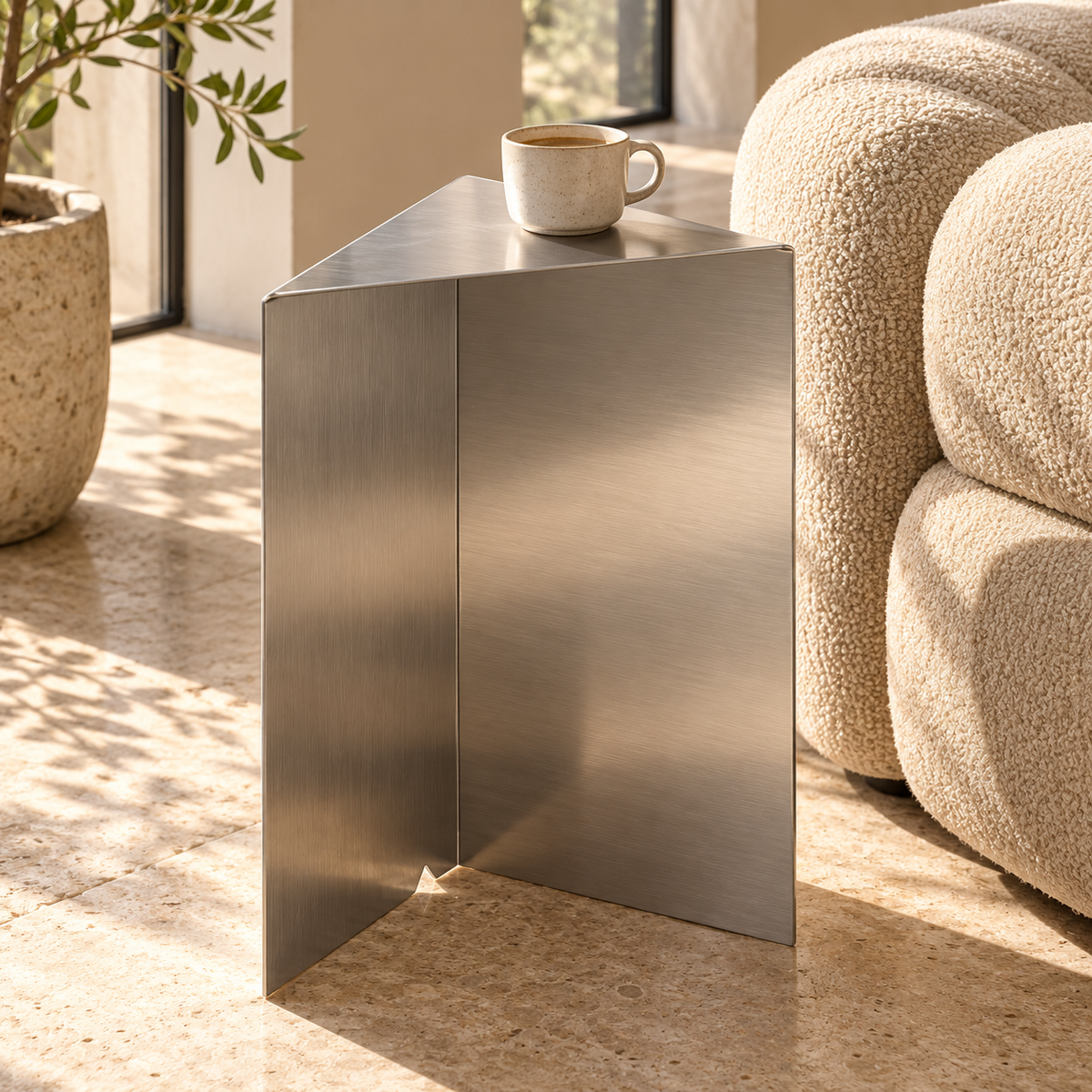 ARÊTES TA01 brushed stainless-steel triangular side table next to sofa