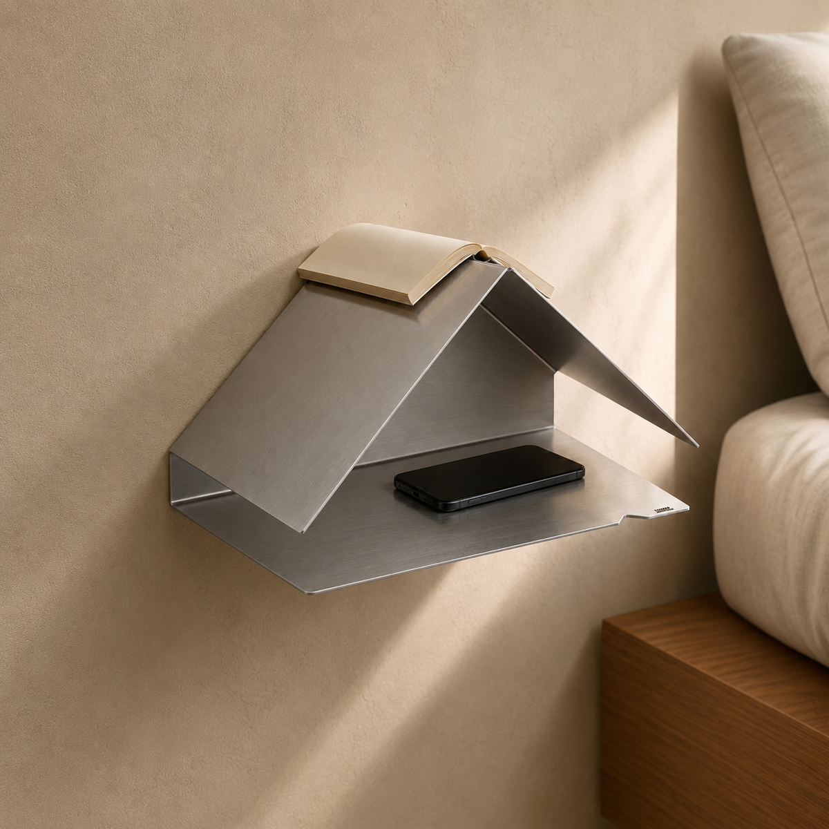 TA02 wall-mounted brushed stainless-steel side table and shelf by ARÊTES