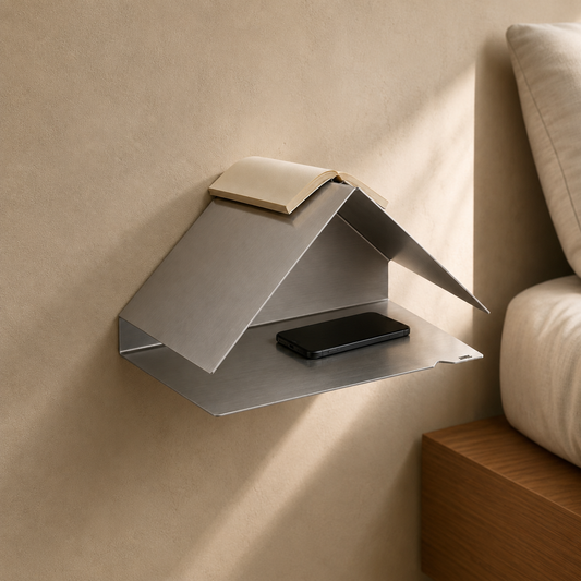TA02 wall-mounted brushed stainless-steel side table and shelf by ARÊTES