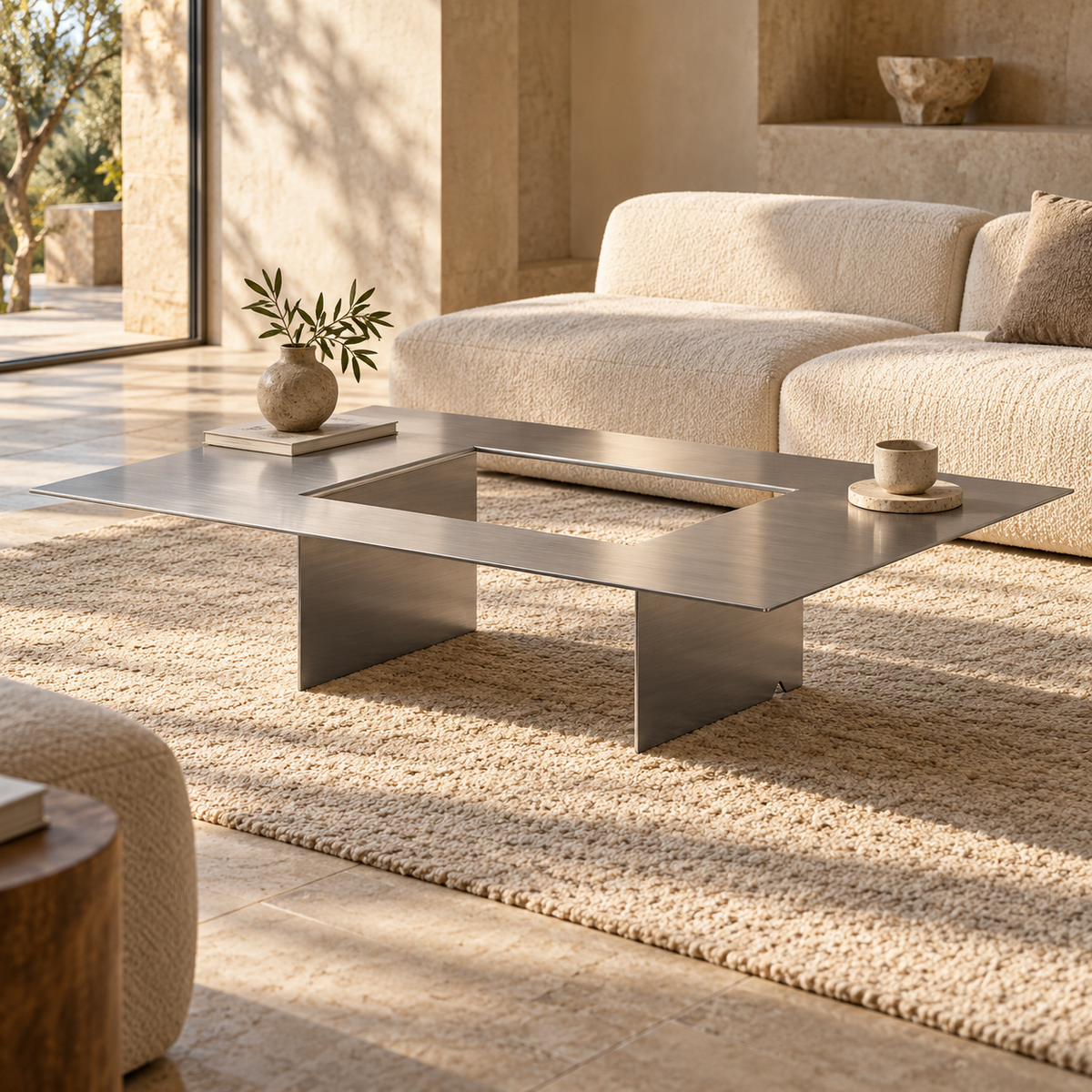 ARÊTES TB01 brushed stainless steel coffee table in shiny living room