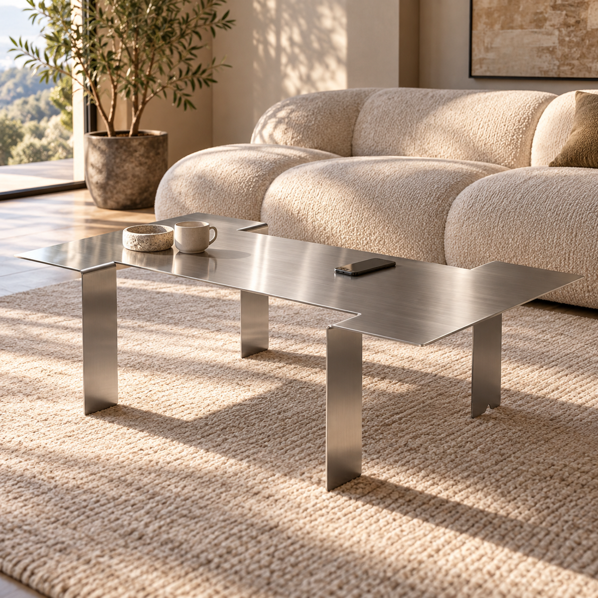ARÊTES TB02 brushed stainless steel coffee table in calid shiny room