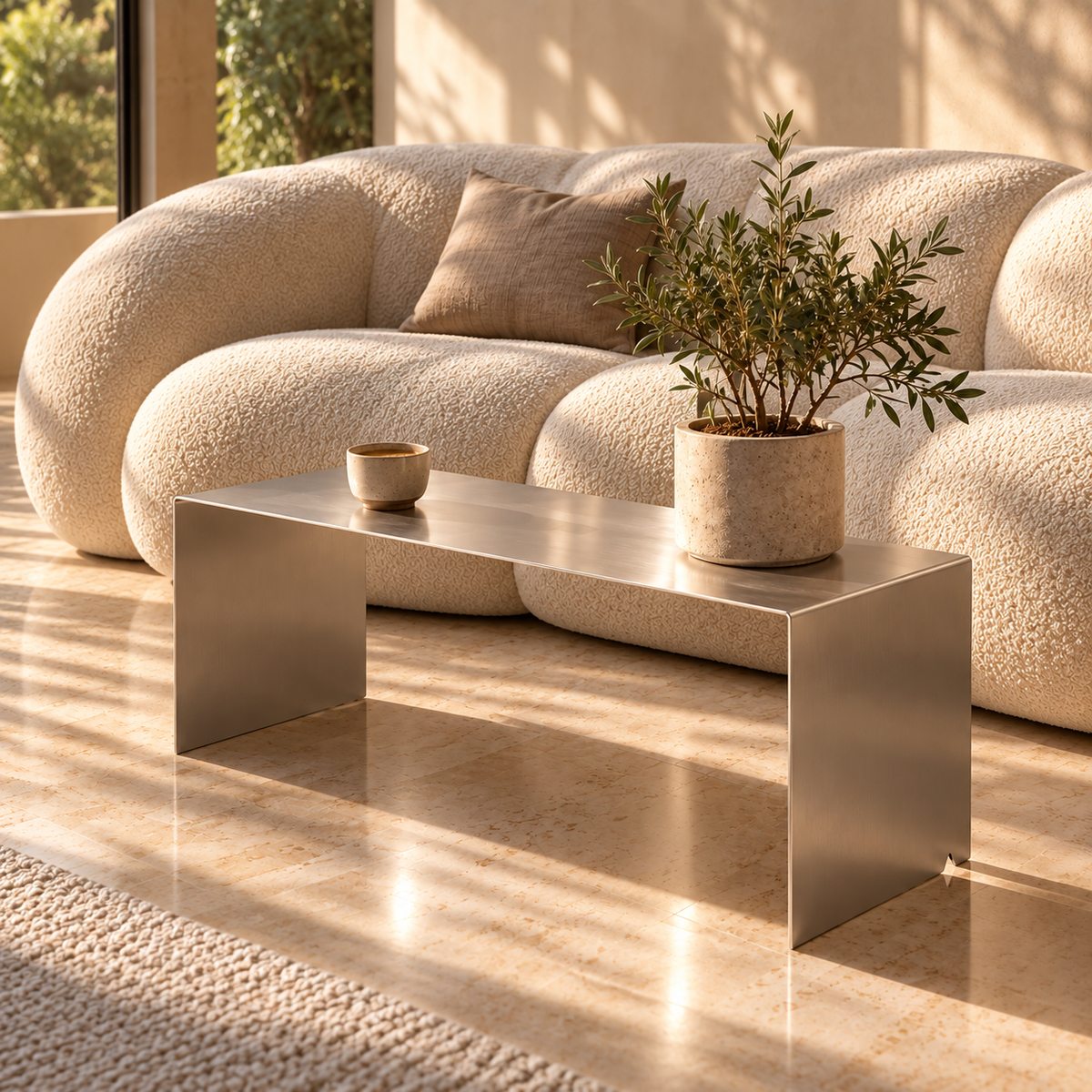 ARÊTES TB03 brushed stainless steel coffee table in shinny living room